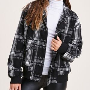 La Miel Black White Plaid Flannel Bomber Jacket Size Medium